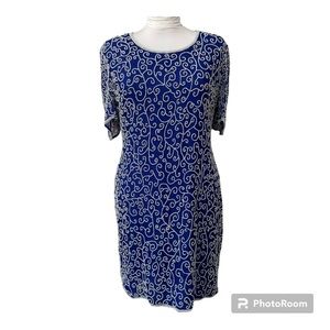 Laurence Kazar Vintage Royal Blue100% Pure Silk Beaded Cocktail Dress Women's XL